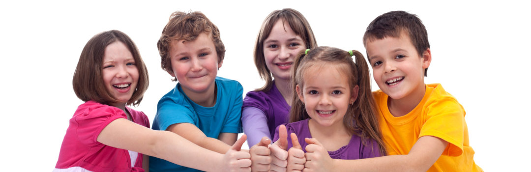 Happy kids working as a team - giving thumbs up sign